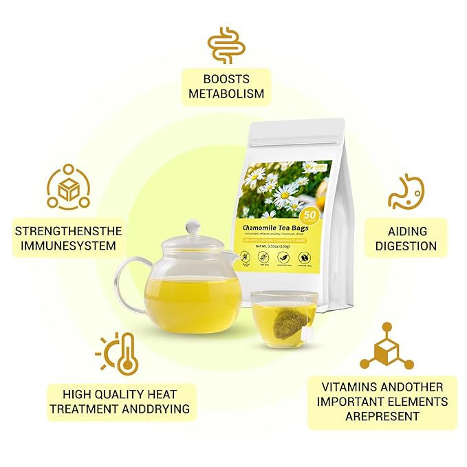 Chamomile Tea Bags, 100% Pure and Natural Chamomile Flower Herbal Tea, Caffeine Free Promote Relaxation & Support Digestion (1 Pack/50 Bags)