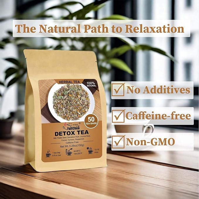 Detox Tea Bags, 50 Teabags Liver Detox Tea, With Milk Thistle Seed, Dandelion Root, Licorice Root, Fennel, Turmeric, Peppermint - Liver Cleansing and Support