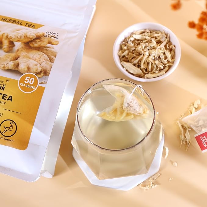 Ginger Tea Bags, 50 Teabags, 2g/bag - Premium Ginger Root Tea Bag - Warm & Spicy - Non-GMO - Caffeine-free - Support Digestion & Boost Immunity