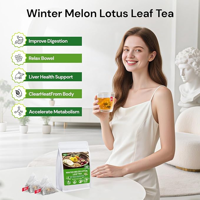 Winter Melon Lotus Leaf Tea, 100% Natural Oil Cleansing Tea, Traditional Chinese Oil Reducing Herbal Teabags for Men & Women, 8 Precious Ingredients Formula (1 Pack/30 Bags)