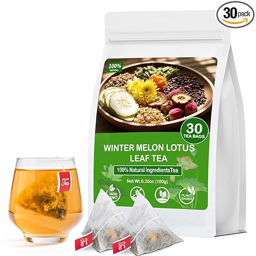 Winter Melon Lotus Leaf Tea, 100% Natural Oil Cleansing Tea, Traditional Chinese Oil Reducing Herbal Teabags for Men & Women, 8 Precious Ingredients Formula (1 Pack/30 Bags)