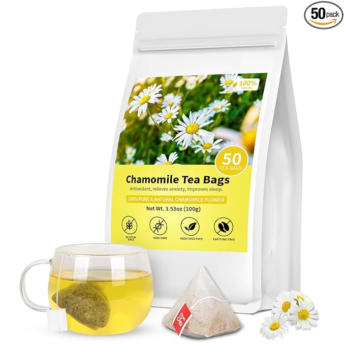 Chamomile Tea Bags, 100% Pure and Natural Chamomile Flower Herbal Tea, Caffeine Free Promote Relaxation & Support Digestion (1 Pack/50 Bags)