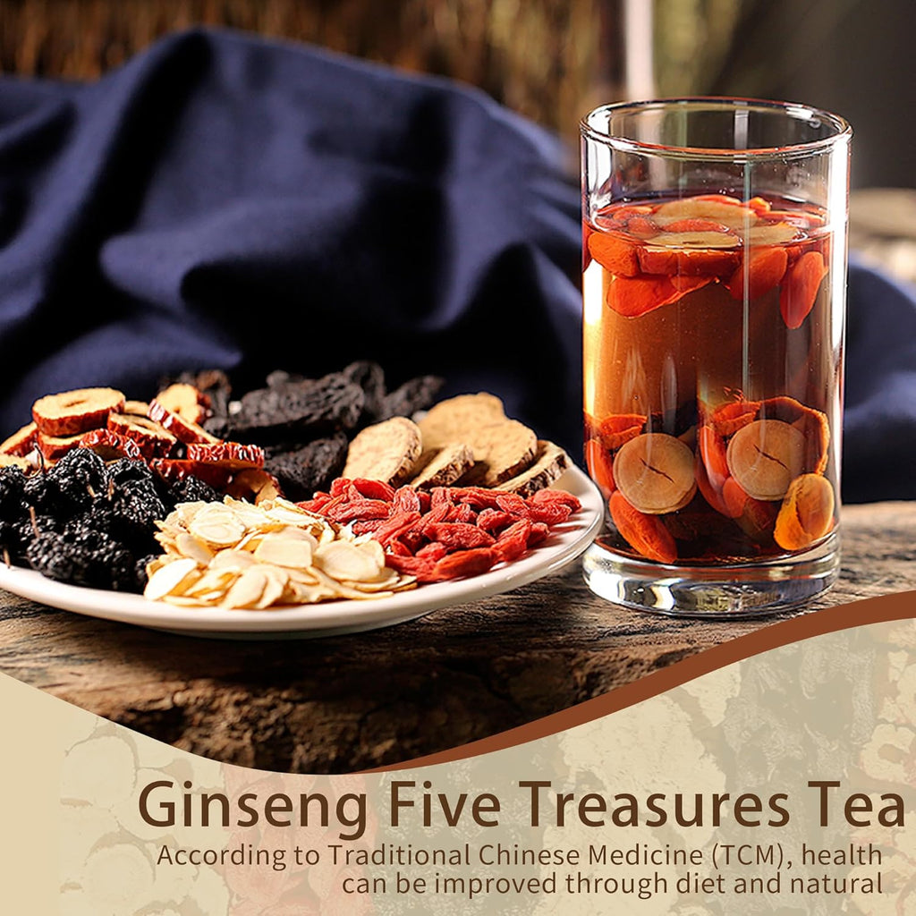 Ginseng Five Treasures Tea Kidney Tea - Ginseng & Mulberry Herbal Teas Natural Chinese Red Date Kidney Cleanse Detox Teas Bag for Men Women, te de riñon Saludable Organica (1 Bag(25PC))