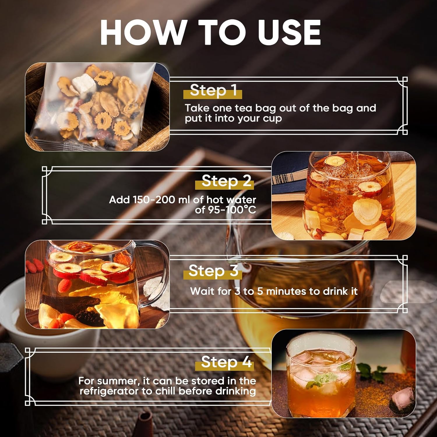 Kidney Tea Formula Ginseng Six Treasure Tea, 10 Precious Ingredients Formula, 260g/Box Ginseng Five Treasure Teabag, Chinese Herbal Teas Support Kidney and Live Health for Men Women (10 bags/1Box)