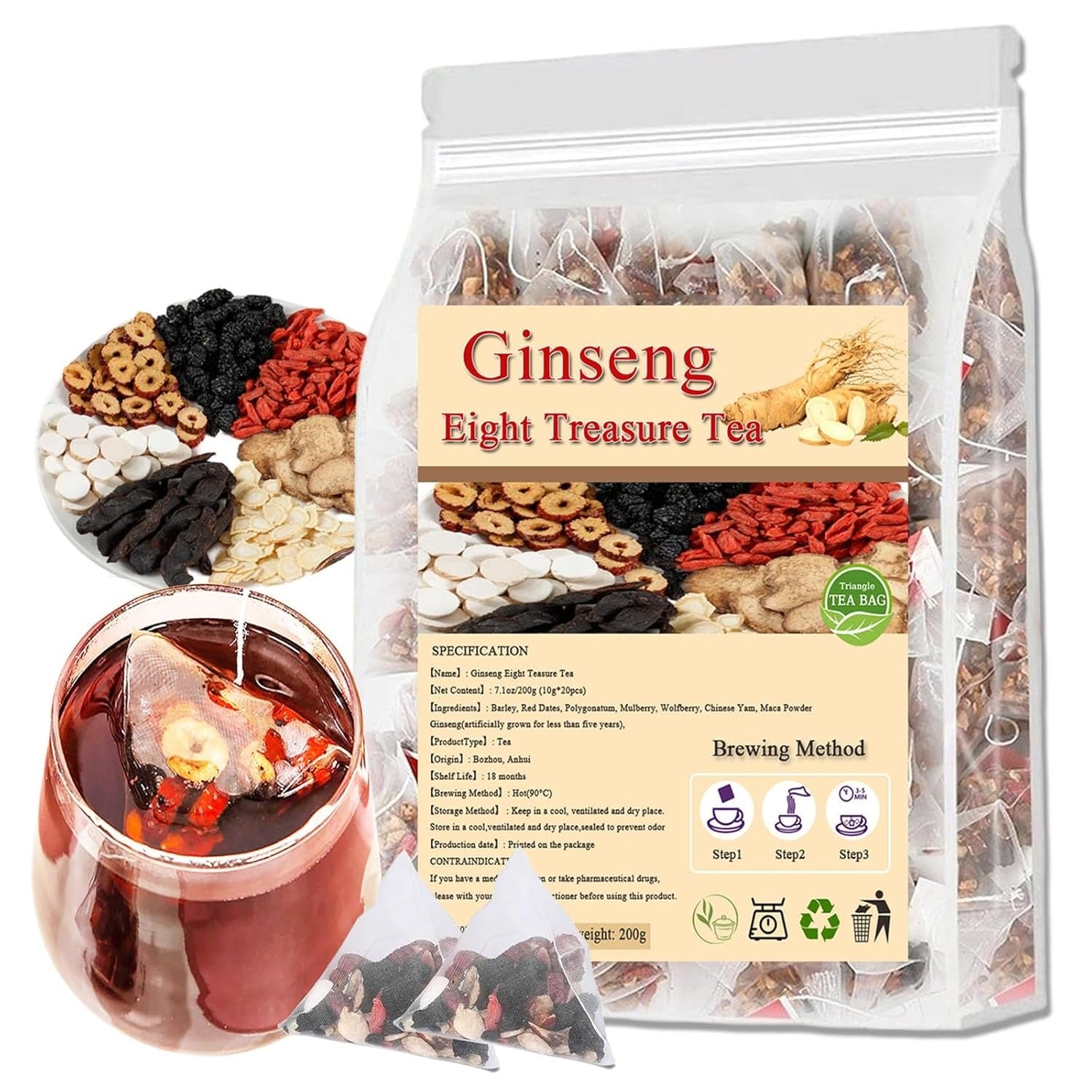 Ginseng Eight Treasures Tea, Turmeric Kidney Tea Formula Ginseng Eight Treasures, 10g*20Pcs Red Date Wolfberry Mulberry Herbal Teabag for Men & Women