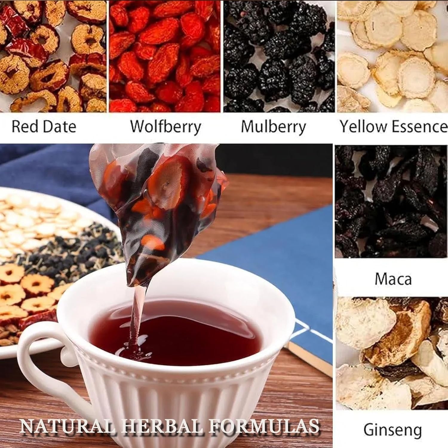 Ginseng Eight Treasures Tea, Turmeric Kidney Tea Formula Ginseng Eight Treasures, 10g*20Pcs Red Date Wolfberry Mulberry Herbal Teabag for Men & Women