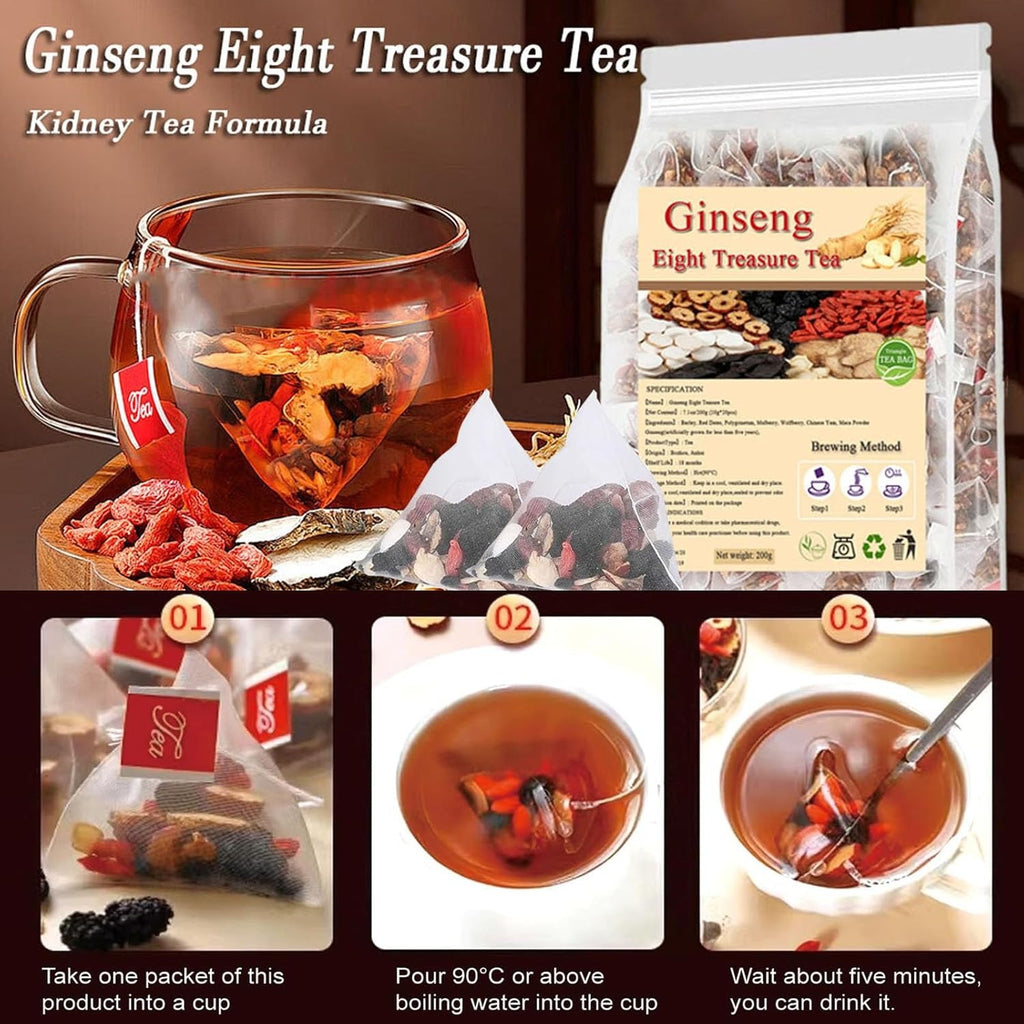 Ginseng Eight Treasures Tea, Turmeric Kidney Tea Formula Ginseng Eight Treasures, 10g*20Pcs Red Date Wolfberry Mulberry Herbal Teabag for Men & Women